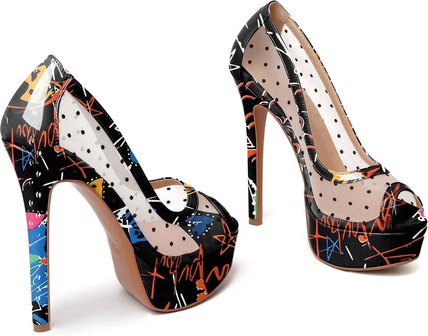 AUMOTED Women's Peep Toe High Heel Platform Stiletto Pumps Slip On Patent Mesh Polka Dot Heels 5.5" Party Wedding Dress Shoes