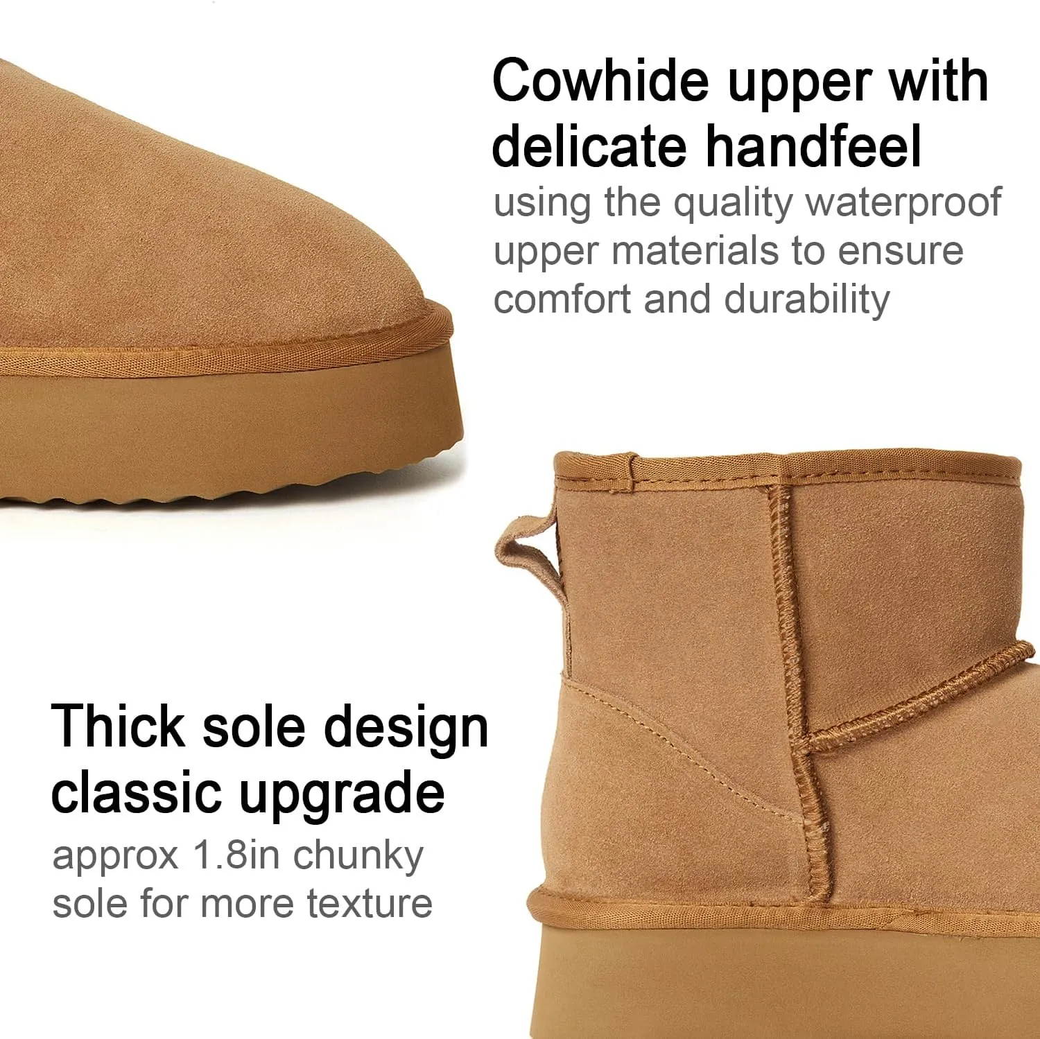 AUSLAND Women's Platform Winter Sonw Boots Genuine Suede Waterproof Anti-Slip Warm Lined Comfortable Outdoor Ankle Boots 9318