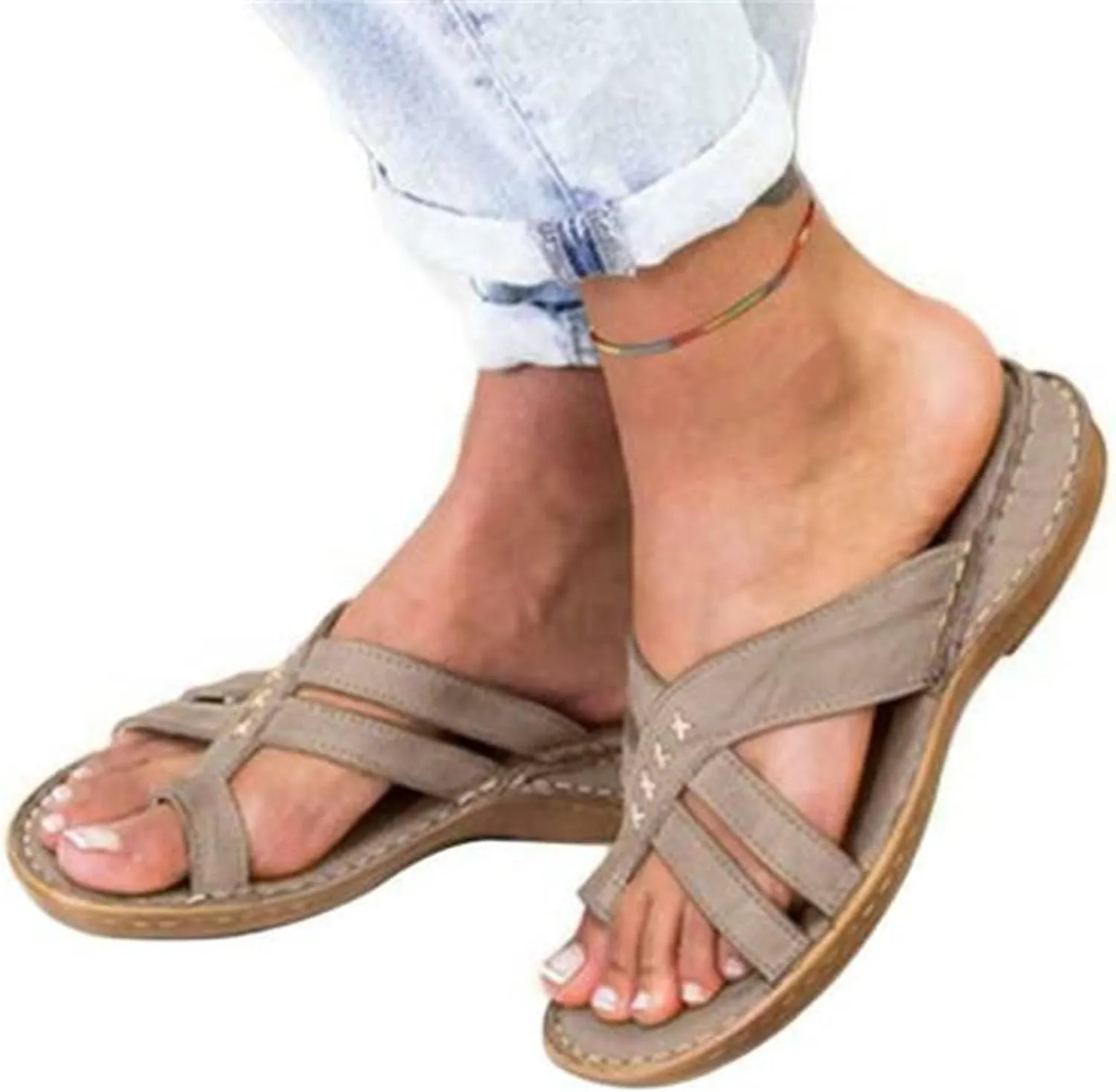 BBPM Sandals for Women Leather Women Orthotics Sandals Posture Correction Open Toe Slippers Casual Beach Casual Toe Separate Flat Shoes with Arch Support,Brass,EU40/US8