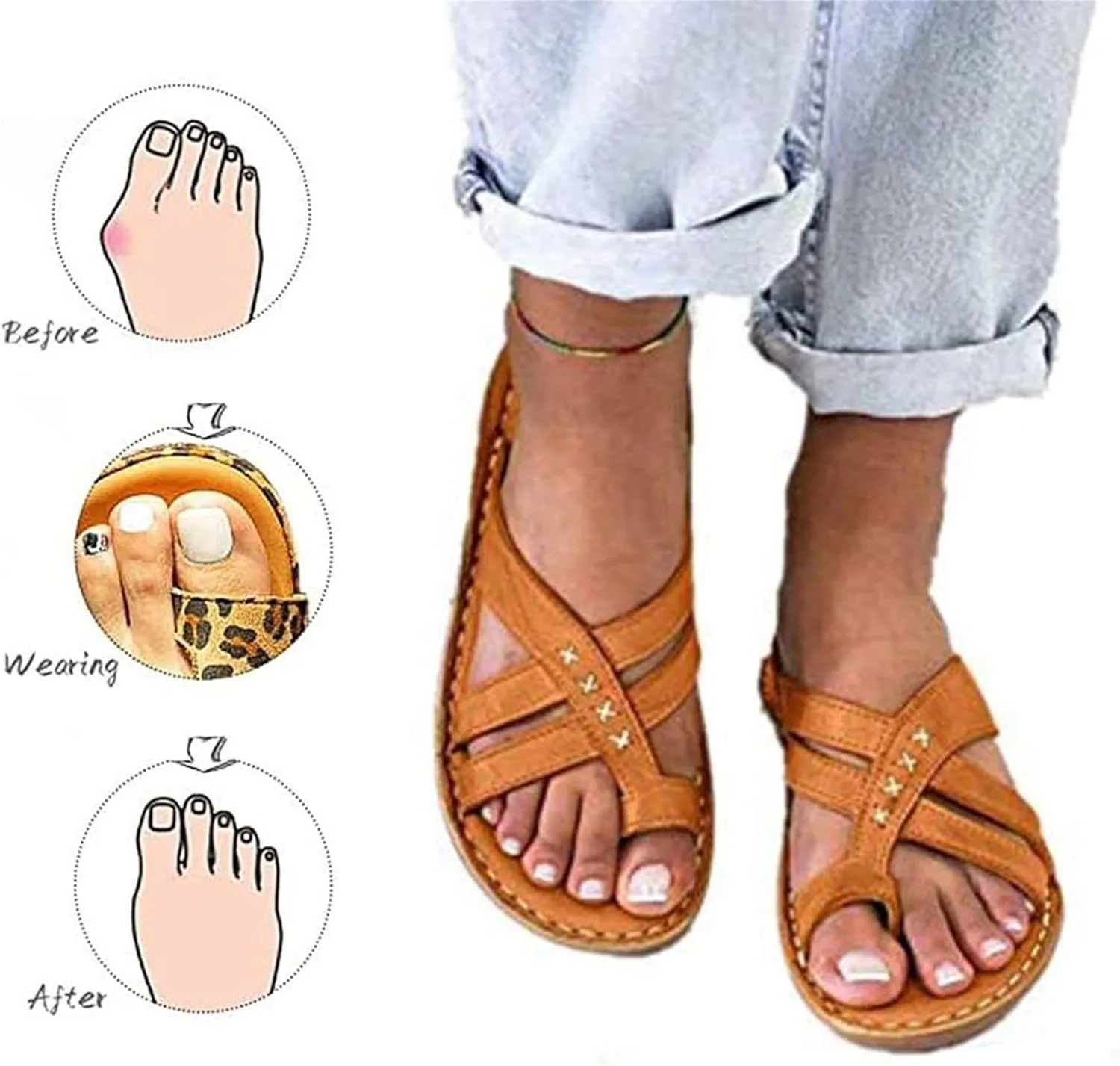 BBPM Sandals for Women Leather Women Orthotics Sandals Posture Correction Open Toe Slippers Casual Beach Casual Toe Separate Flat Shoes with Arch Support,Brass,EU40/US8