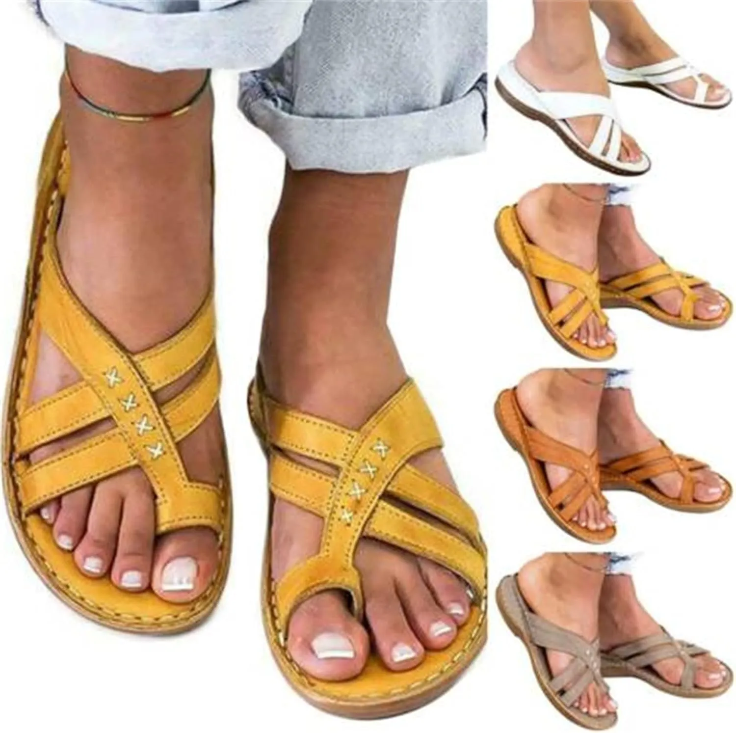 BBPM Sandals for Women Leather Women Orthotics Sandals Posture Correction Open Toe Slippers Casual Beach Casual Toe Separate Flat Shoes with Arch Support,Brass,EU40/US8