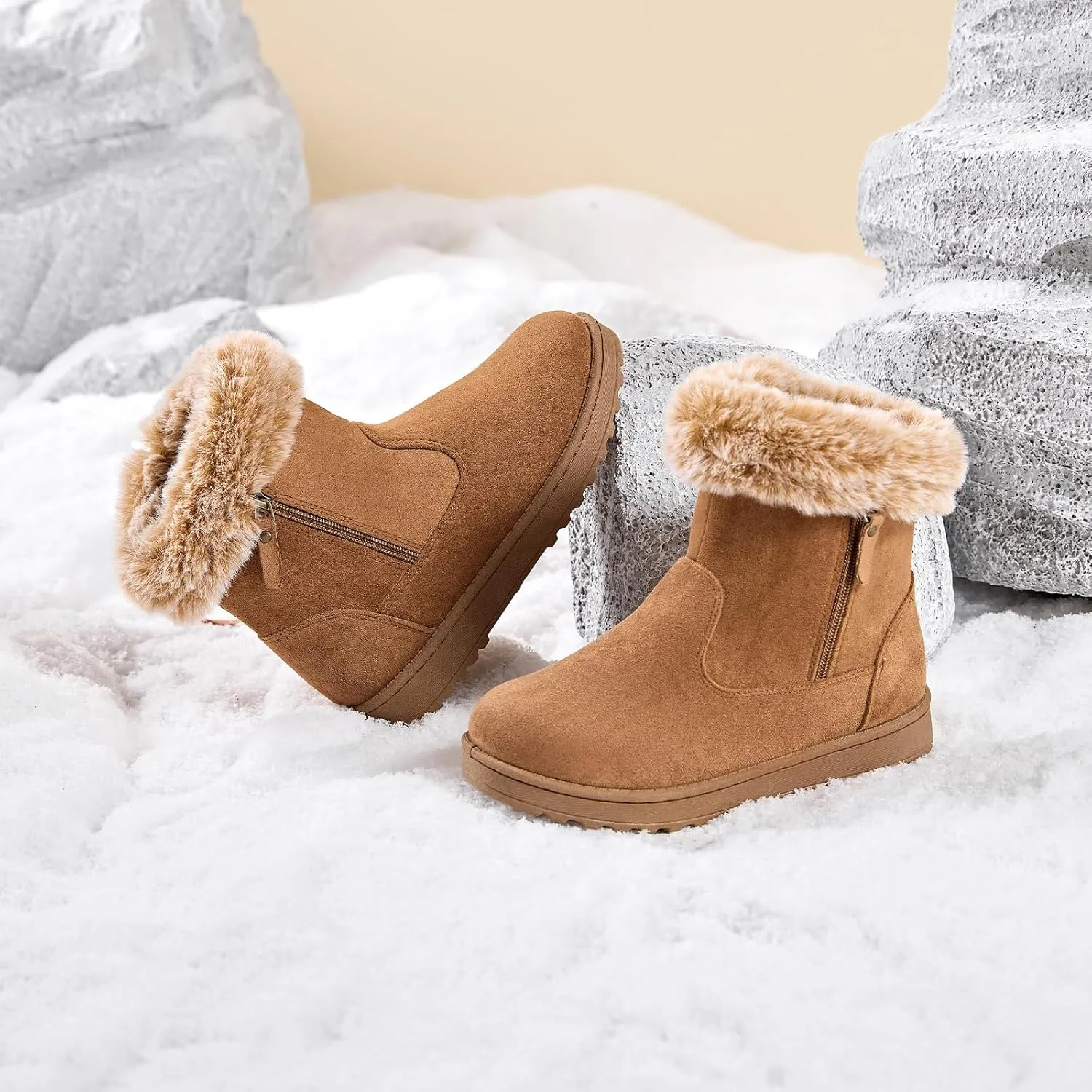 BENPAO Women's Winter Snow Boots - Fuzzy Mini Short Suede Ankle Booties with Zipper