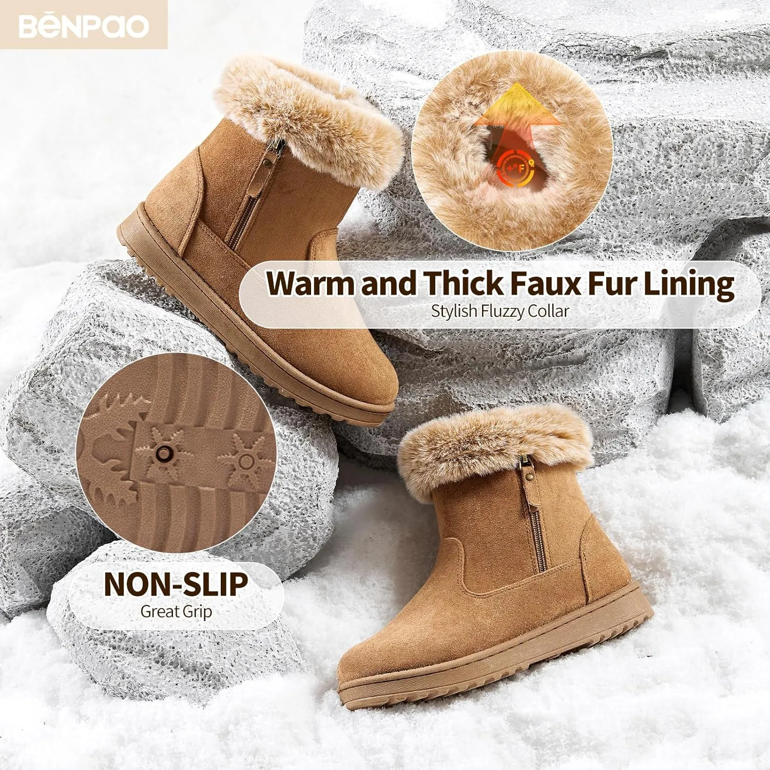 BENPAO Women's Winter Snow Boots - Fuzzy Mini Short Suede Ankle Booties with Zipper