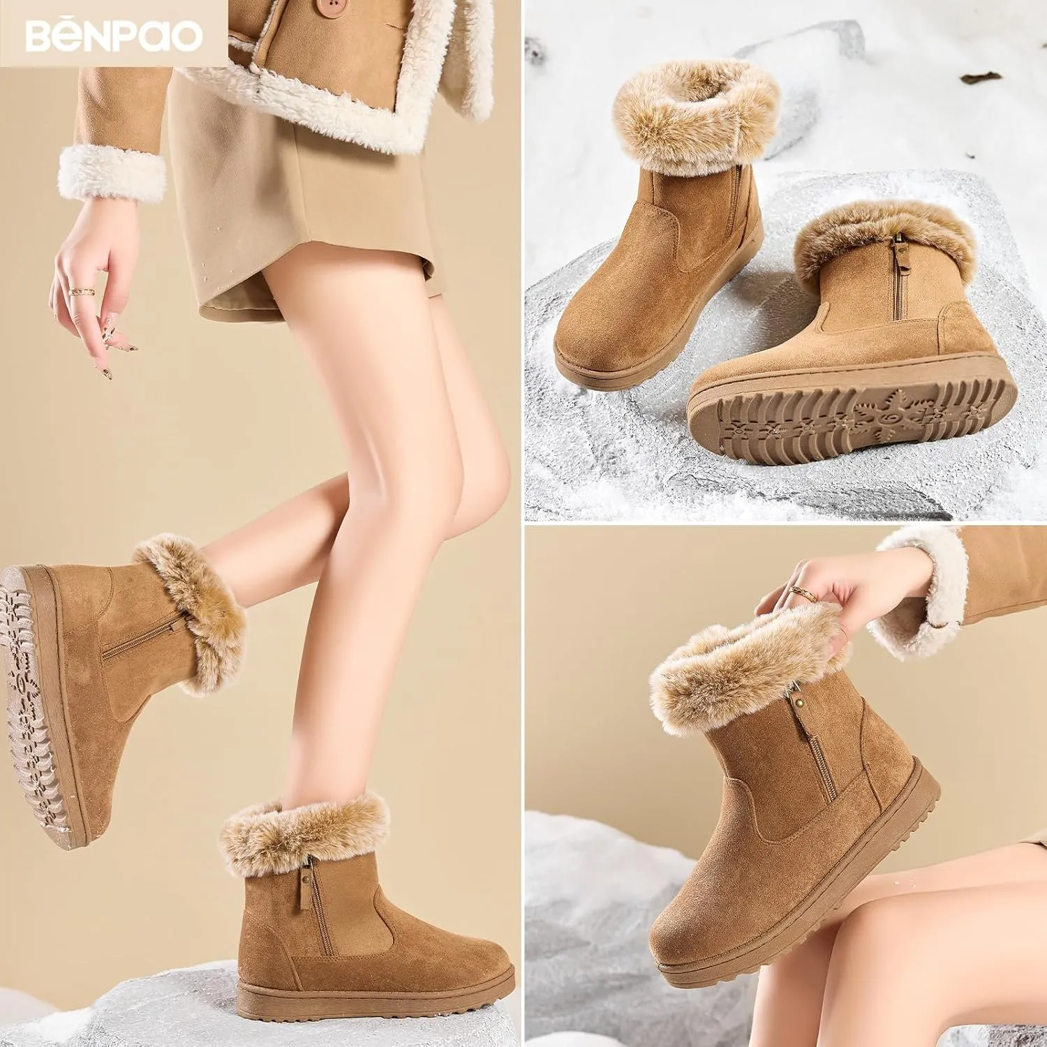 BENPAO Women's Winter Snow Boots - Fuzzy Mini Short Suede Ankle Booties with Zipper