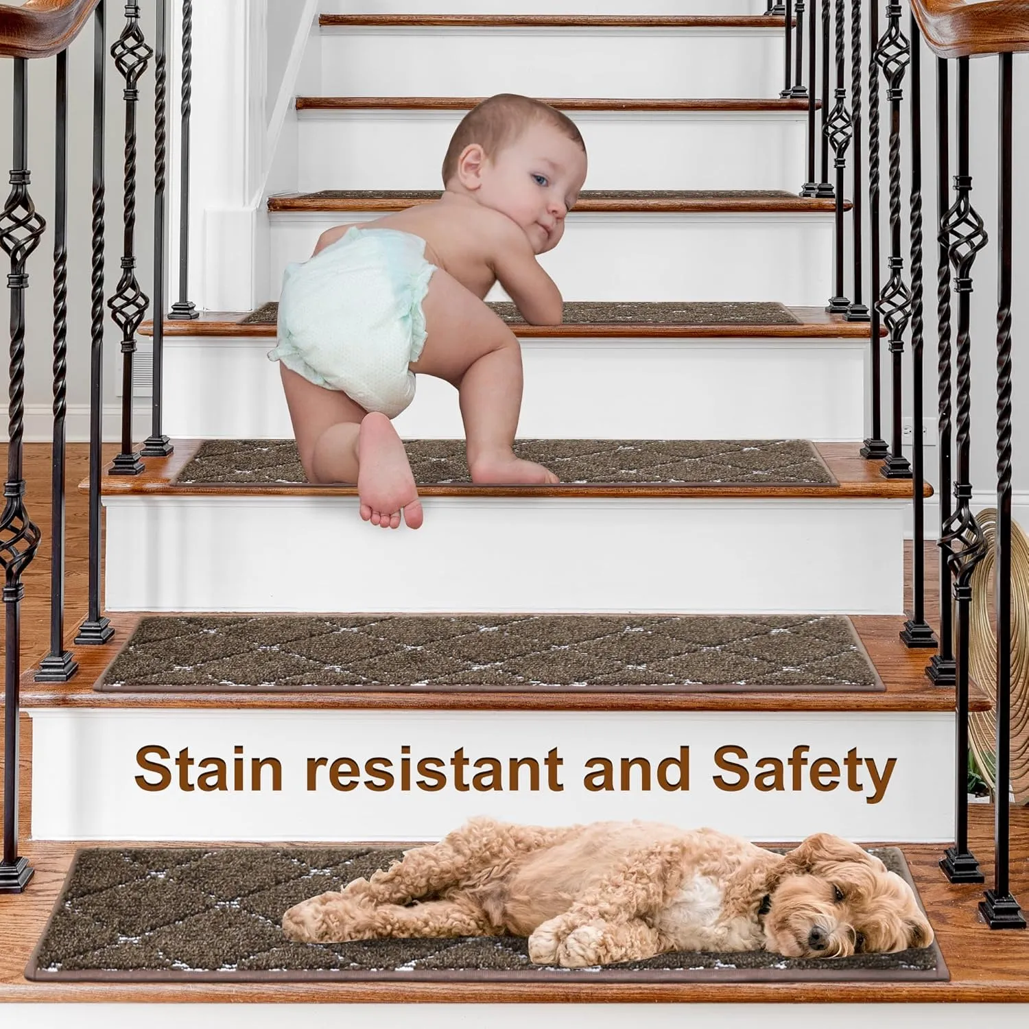 BEQHAUSE Stair Treads Non Slip Stair Runners for Wooden Steps Machine Washable Stair Rugs Soft Polyester Stair Runner Mats for Dogs Kids Brown Carpet Stair Treads,4PCS