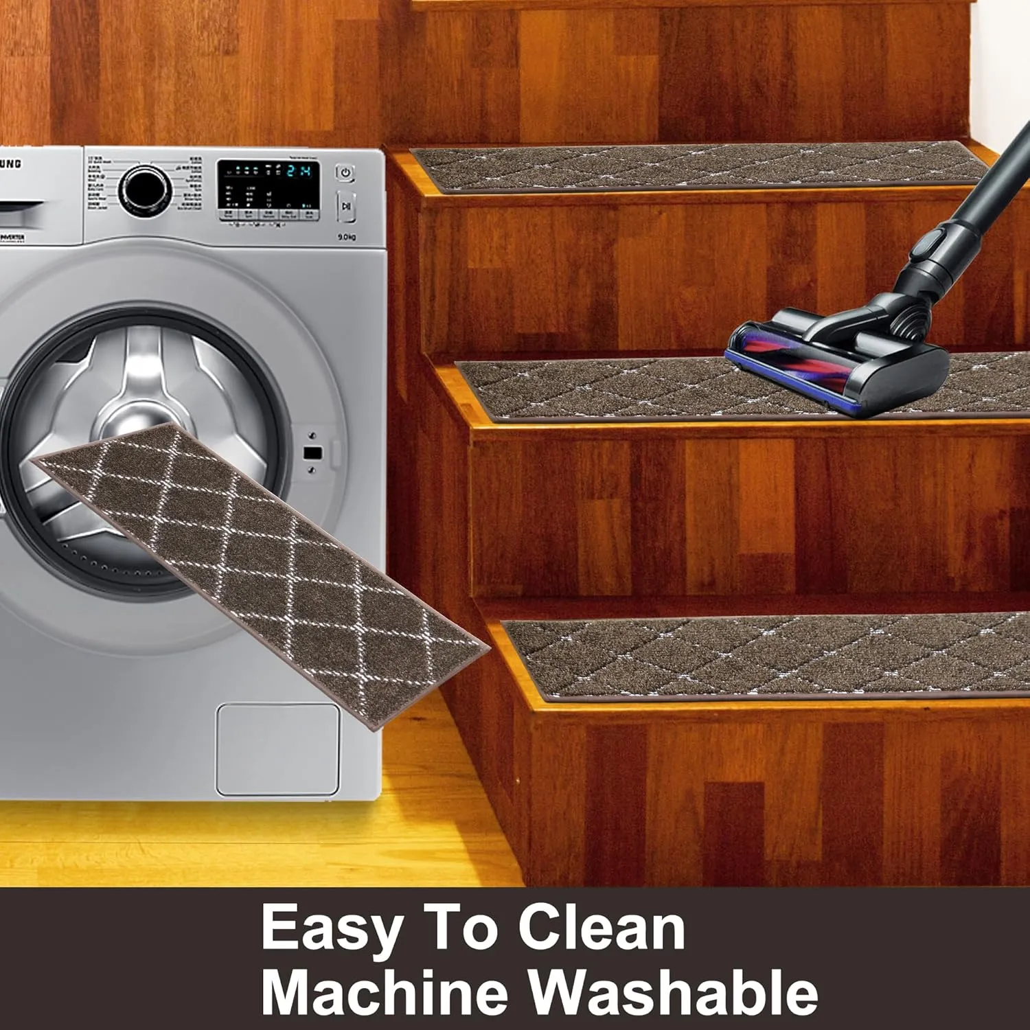 BEQHAUSE Stair Treads Non Slip Stair Runners for Wooden Steps Machine Washable Stair Rugs Soft Polyester Stair Runner Mats for Dogs Kids Brown Carpet Stair Treads,4PCS