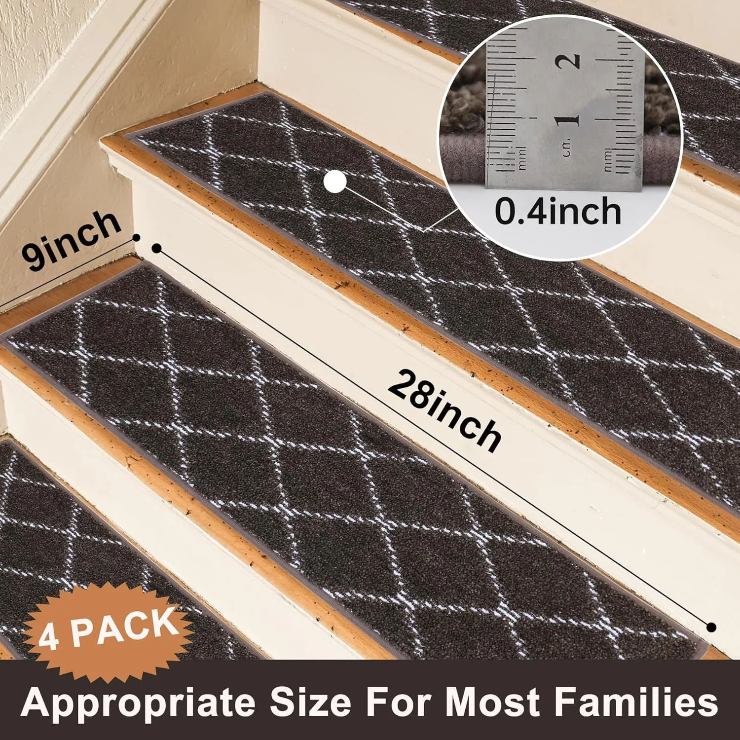 BEQHAUSE Stair Treads Non Slip Stair Runners for Wooden Steps Machine Washable Stair Rugs Soft Polyester Stair Runner Mats for Dogs Kids Brown Carpet Stair Treads,4PCS