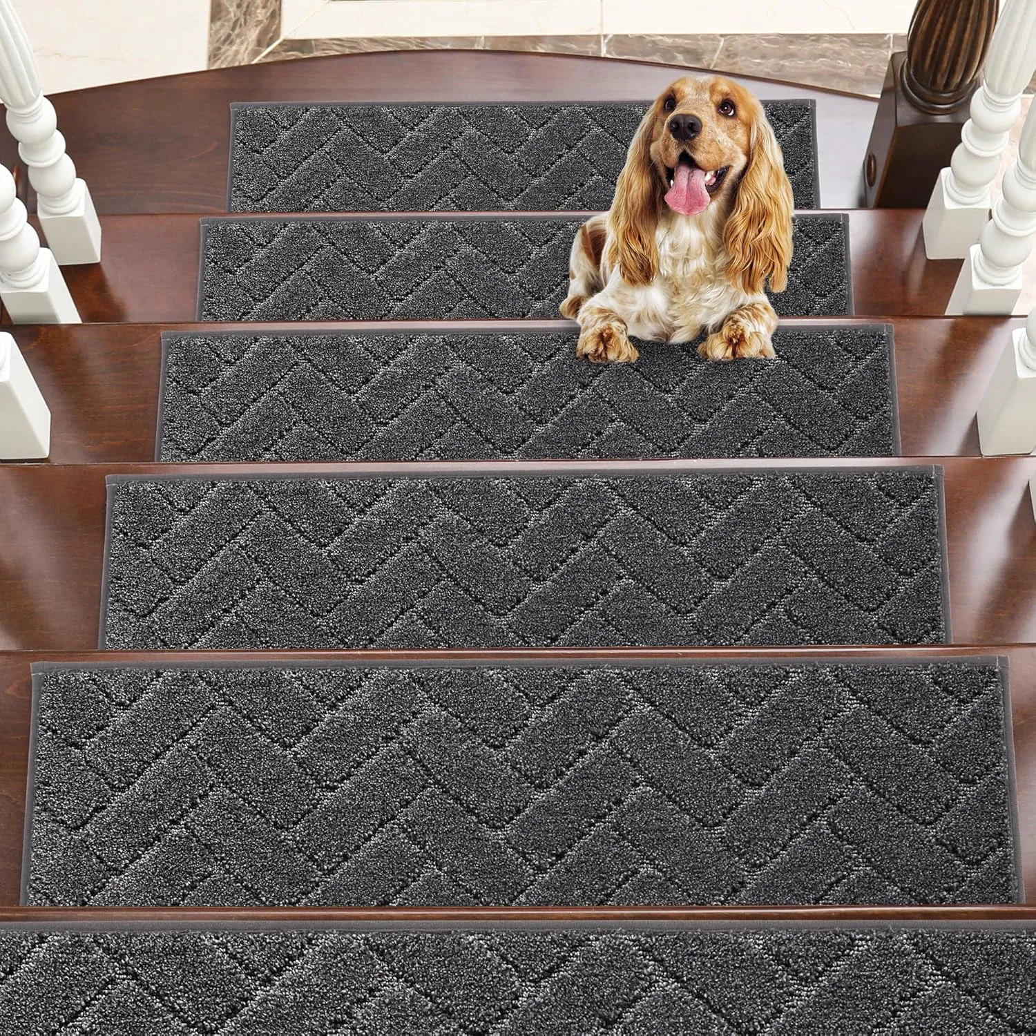 BEQHAUSE Stair Treads Non Slip Stair Runners Step Carpet Mat for Wooden Steps Indoor Machine Washable 28inX9in Edging Polyester Soft Stair Rugs for Kids Elders Pets with TPE Backing(Black,15pcs)