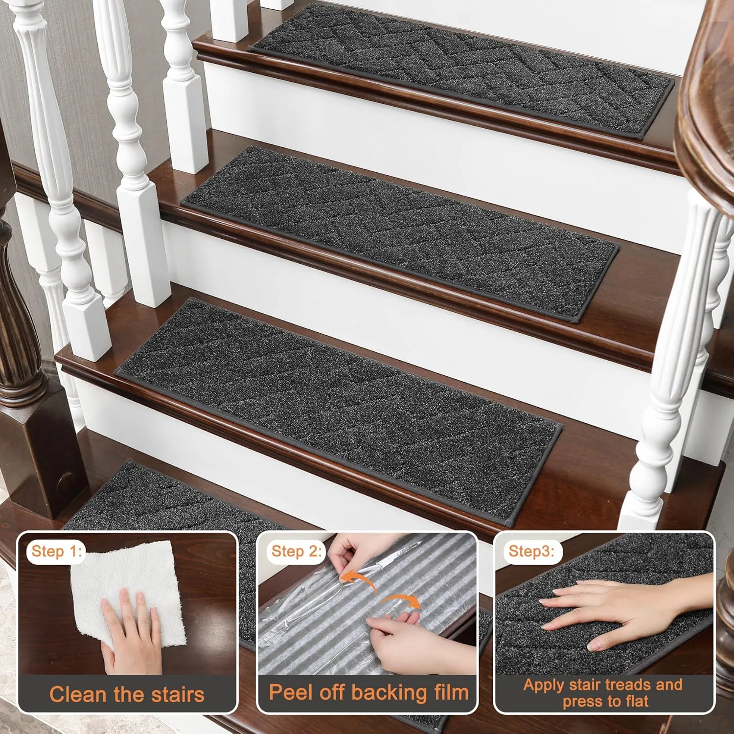 BEQHAUSE Stair Treads Non Slip Stair Runners Step Carpet Mat for Wooden Steps Indoor Machine Washable 28inX9in Edging Polyester Soft Stair Rugs for Kids Elders Pets with TPE Backing(Black,15pcs)
