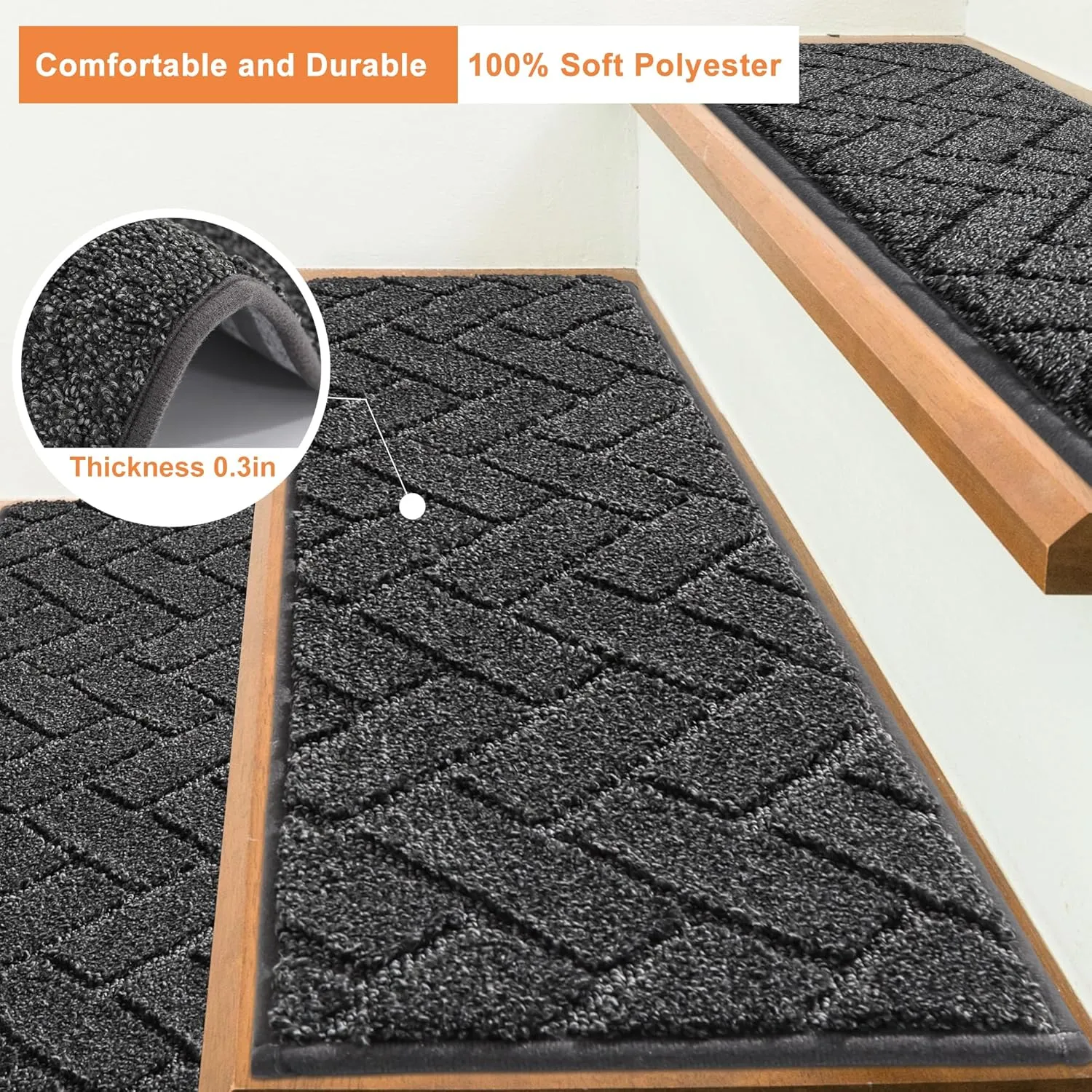 BEQHAUSE Stair Treads Non Slip Stair Runners Step Carpet Mat for Wooden Steps Indoor Machine Washable 28inX9in Edging Polyester Soft Stair Rugs for Kids Elders Pets with TPE Backing(Black,15pcs)
