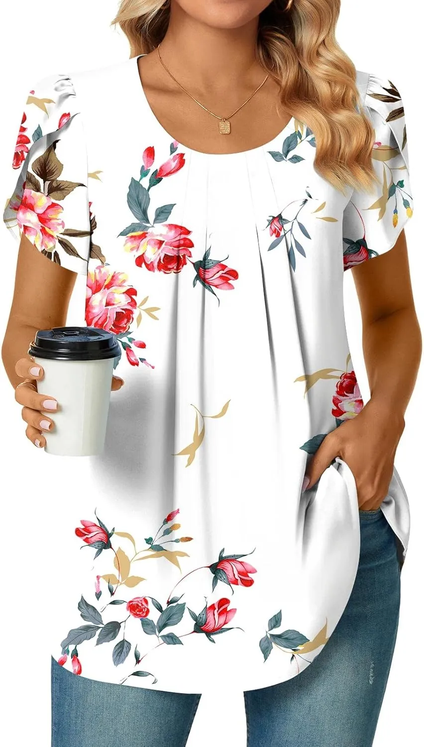 Bestbee Womens Plus Size Tops Dressy Casual Summer Chiffon Blouses Short Sleeve Dress Shirts Business Loose Fit Tunics