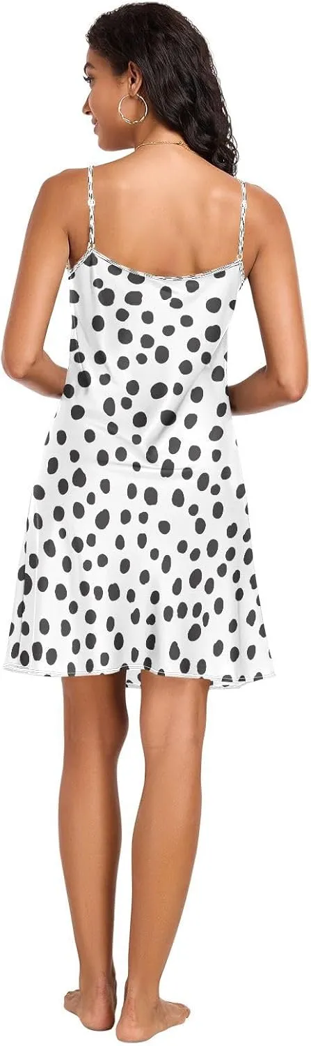 Black and White Polka Dots Lingerie Slip Dress, Adjustable Spaghetti Strap V Neck Satin Nightgowns for Women, S