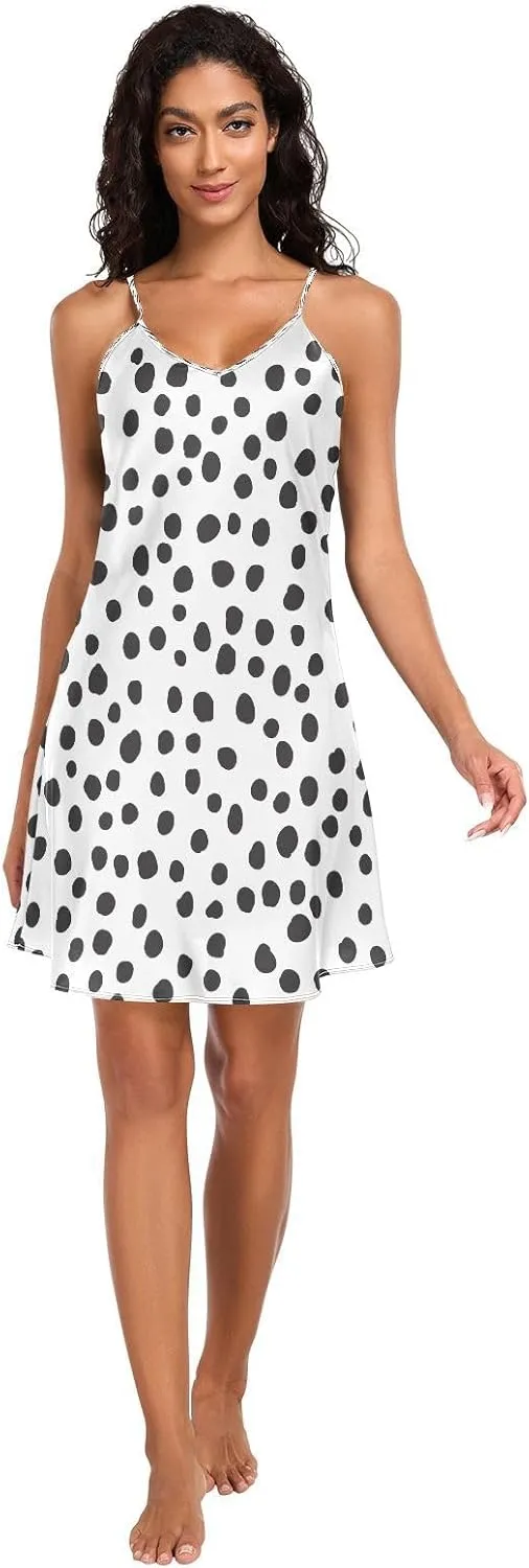 Black and White Polka Dots Lingerie Slip Dress, Adjustable Spaghetti Strap V Neck Satin Nightgowns for Women, S