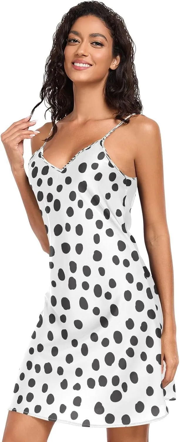 Black and White Polka Dots Lingerie Slip Dress, Adjustable Spaghetti Strap V Neck Satin Nightgowns for Women, S
