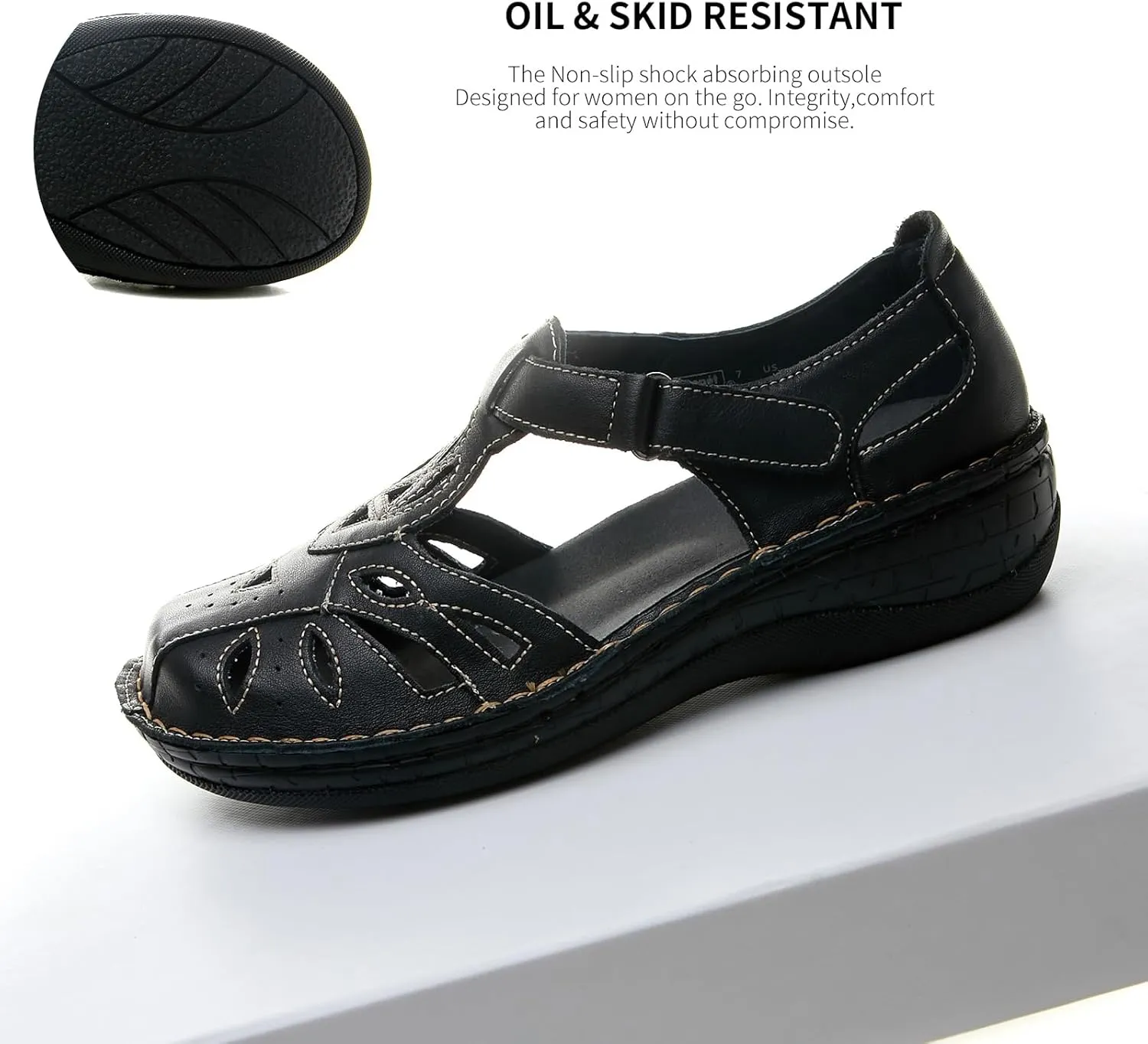 Black Closed Toe Sandals for Women Casual Walking Sandals Comfortable Leather Mary Jane Flat Women's Casual Loafers