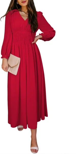 BLENCOT Womens Casual Boho Deep V Neck Short Sleeve Long Dress