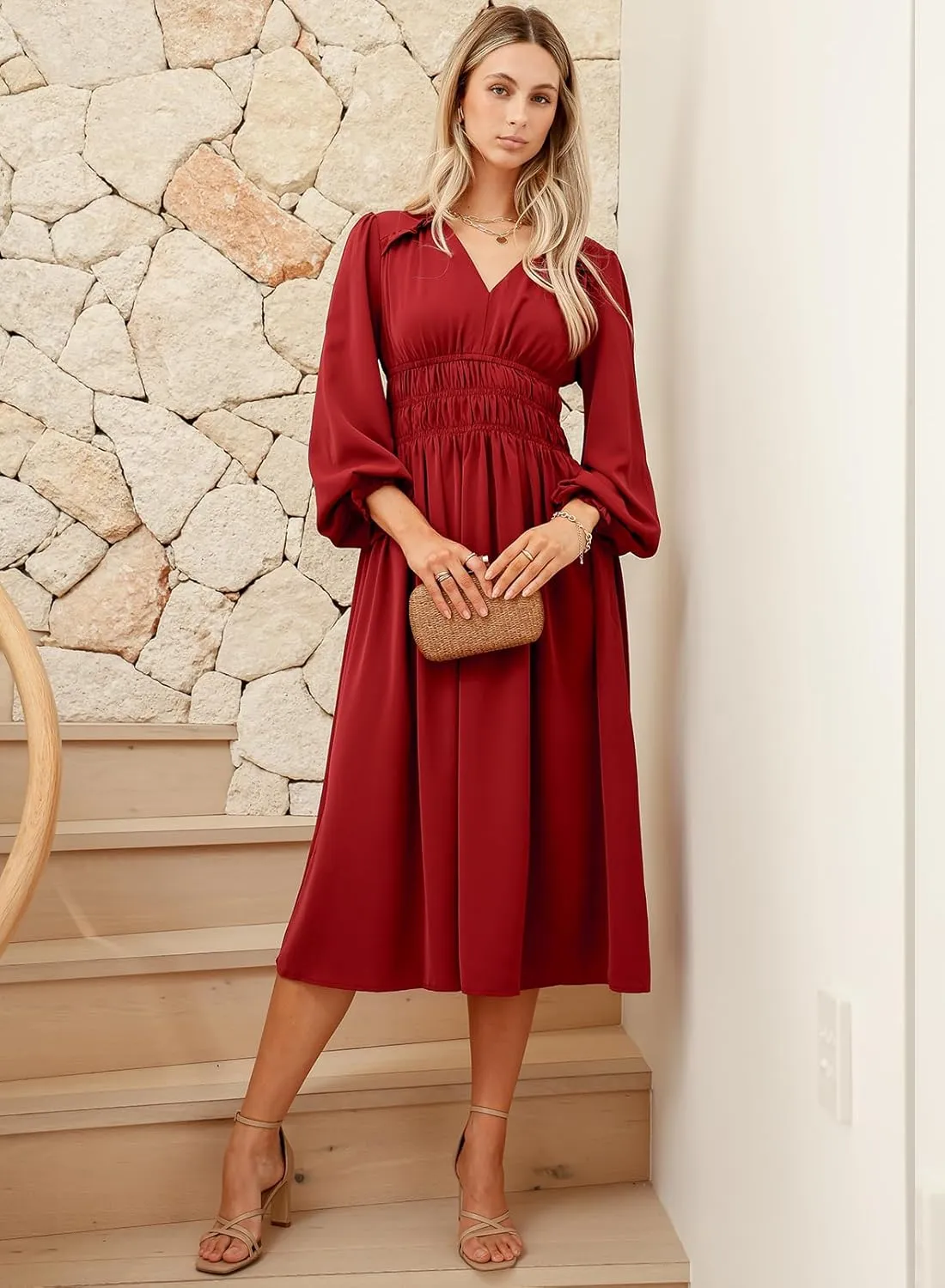 BLENCOT Womens Casual Boho Deep V Neck Short Sleeve Long Dress