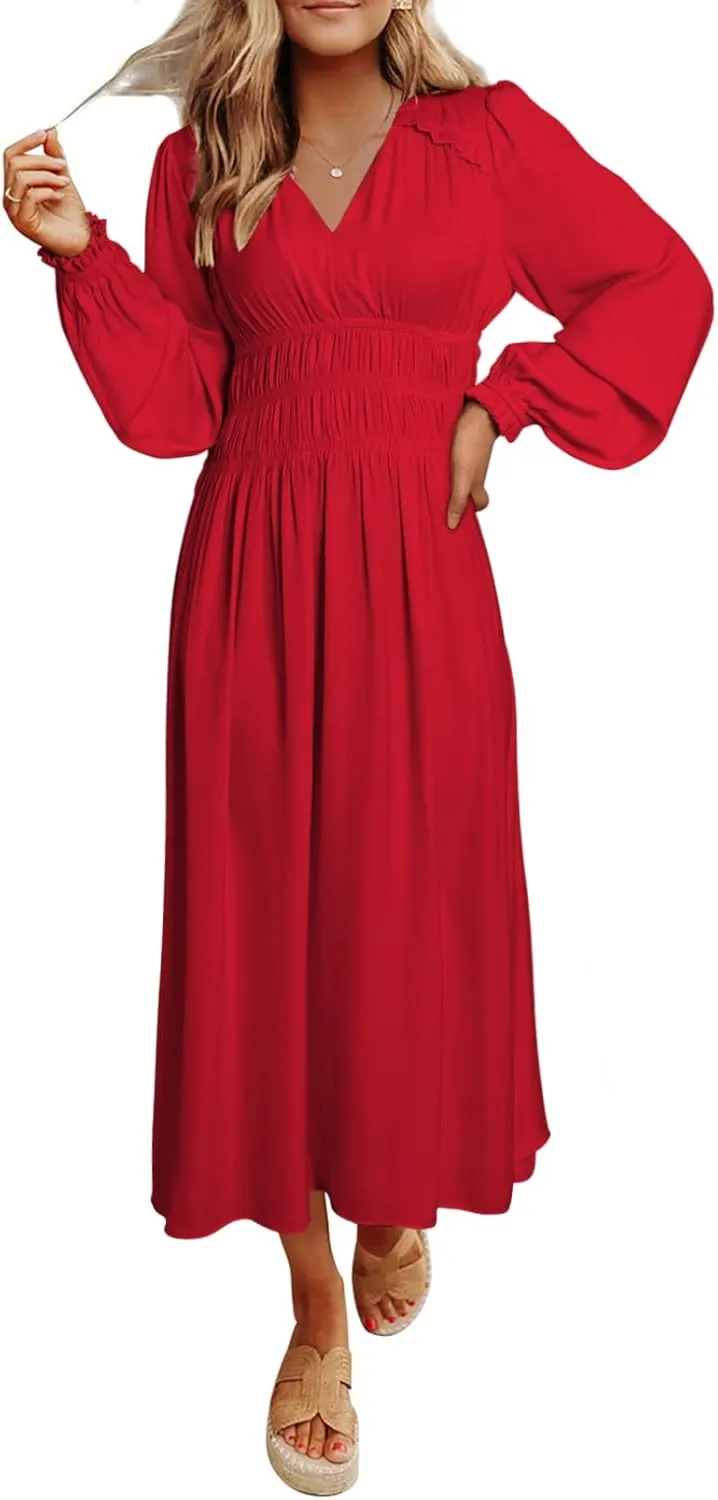 BLENCOT Womens Casual Boho Deep V Neck Short Sleeve Long Dress
