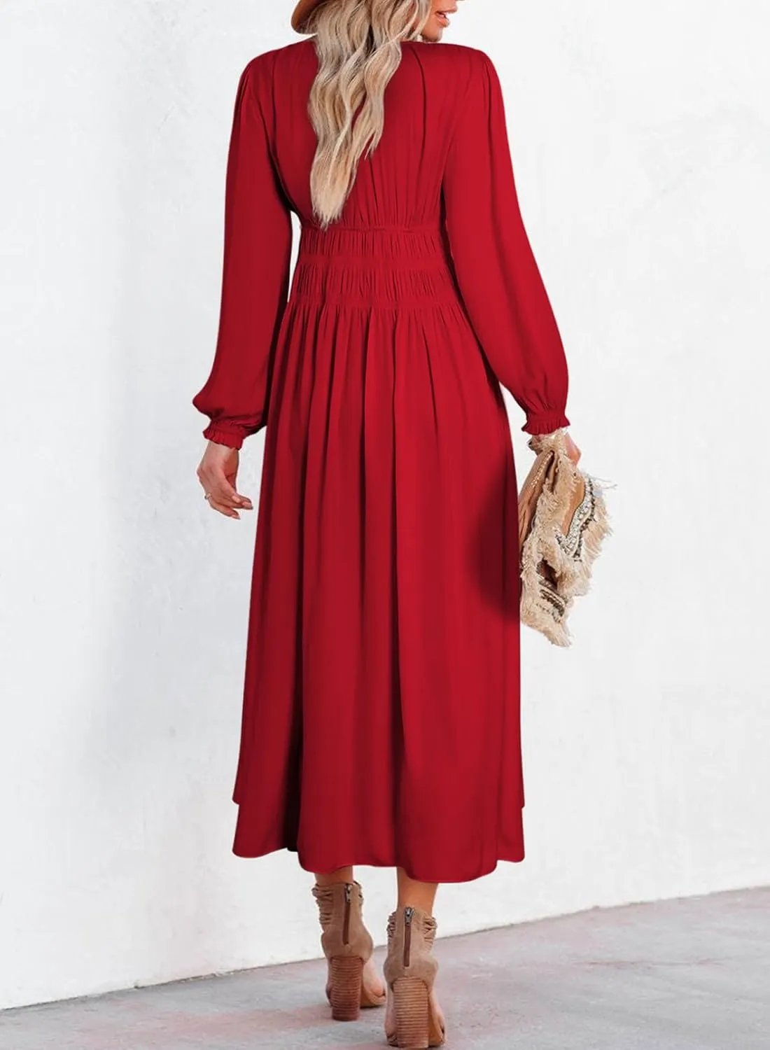 BLENCOT Womens Casual Boho Deep V Neck Short Sleeve Long Dress