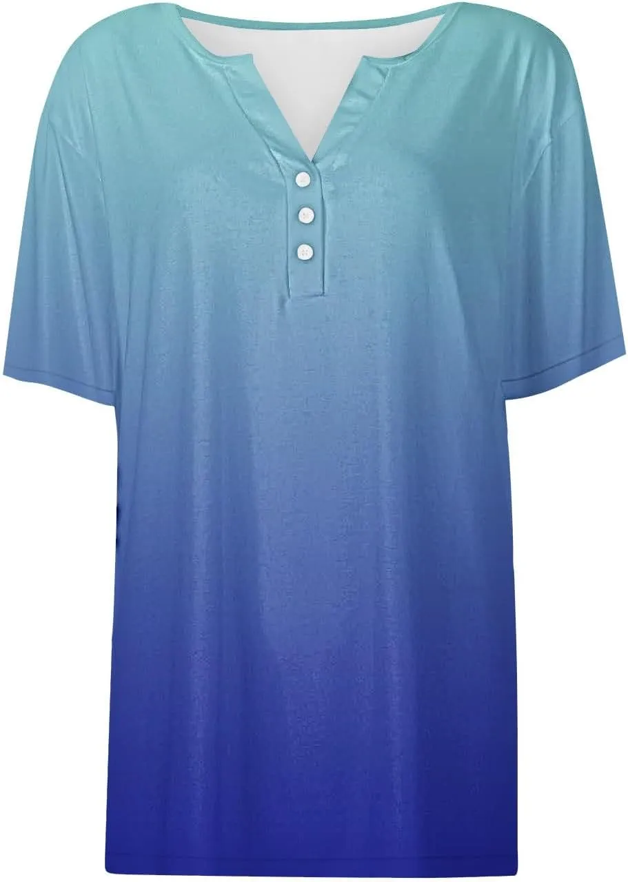 Blouses for Women Dressy Casual 2025 Trendy Gradient Short Sleeve Henley Shirts Button Down v Neck Summer Tunic Tops