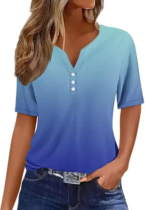 Blouses for Women Dressy Casual 2025 Trendy Gradient Short Sleeve Henley Shirts Button Down v Neck Summer Tunic Tops