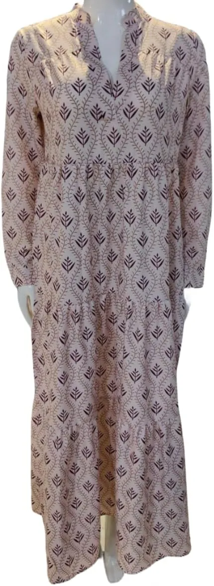 Boho Casual Loose Long Sleeve Maxi Dress for Womens Vintage Print Pleated Crewneck Flowy Baggy Long Dress