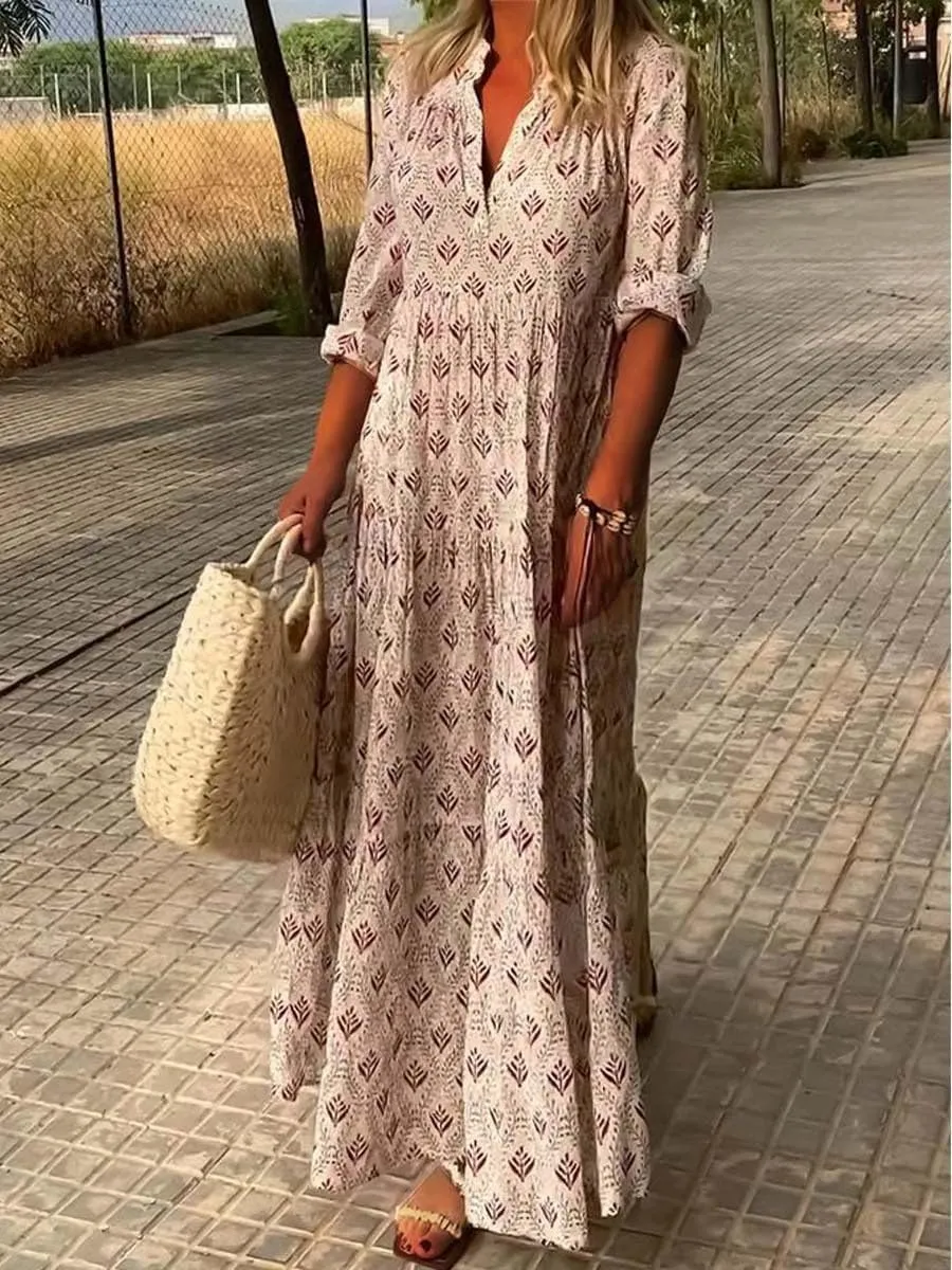 Boho Casual Loose Long Sleeve Maxi Dress for Womens Vintage Print Pleated Crewneck Flowy Baggy Long Dress