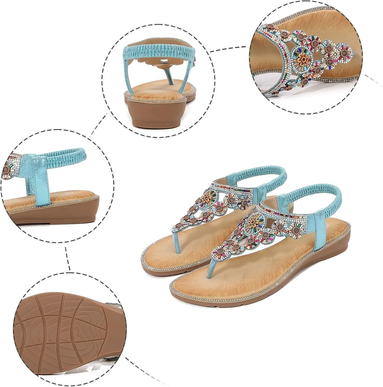Boho Rhinestones Flip Flops for Women 2025 Sparkly Cute Dressy Flat Sandals Low Heel Elastic Strappy Slippers Ladies Comfortable Cushion Footed Slip On Walking Shoes Recovery Mules for Daily Wear