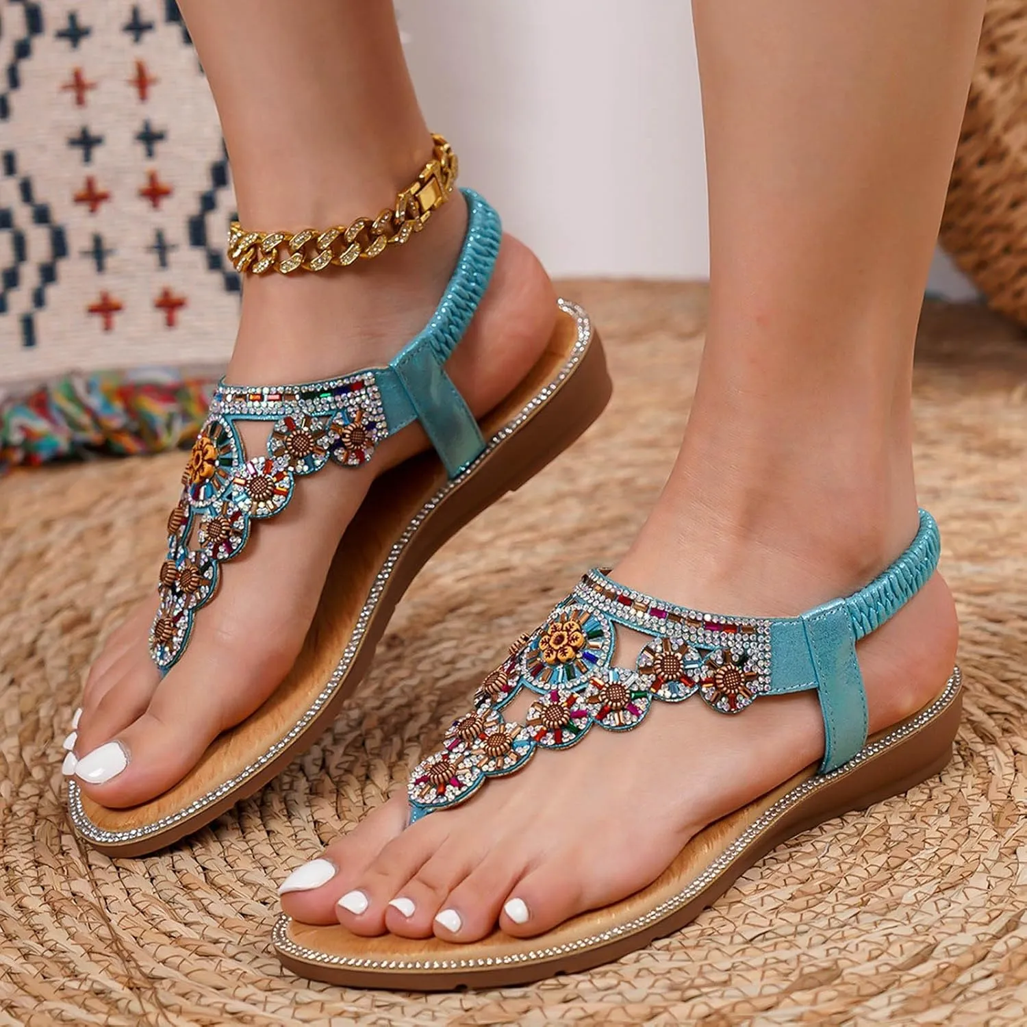 Boho Rhinestones Flip Flops for Women 2025 Sparkly Cute Dressy Flat Sandals Low Heel Elastic Strappy Slippers Ladies Comfortable Cushion Footed Slip On Walking Shoes Recovery Mules for Daily Wear