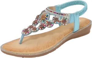 Boho Rhinestones Flip Flops for Women 2025 Sparkly Cute Dressy Flat Sandals Low Heel Elastic Strappy Slippers Ladies Comfortable Cushion Footed Slip On Walking Shoes Recovery Mules for Daily Wear
