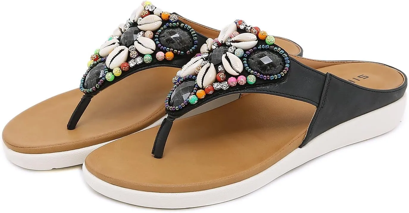 Boho Sandals for Women Wedge Clip Toe Slip-on Flip Flops Summer Ethnic Style Thong Slippers Vintage Comfy Beaded Shells Beach Shoes Slide Sandals