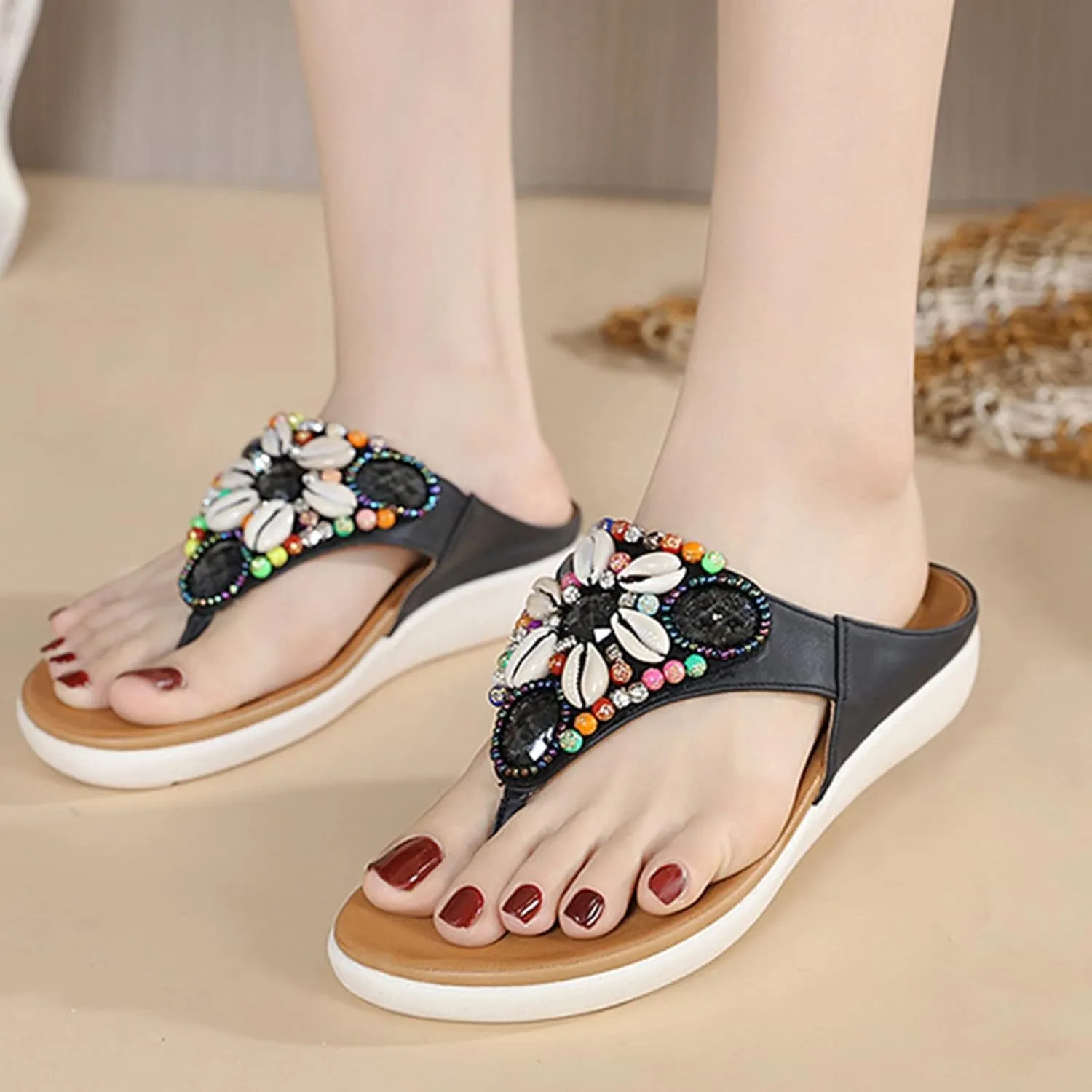 Boho Sandals for Women Wedge Clip Toe Slip-on Flip Flops Summer Ethnic Style Thong Slippers Vintage Comfy Beaded Shells Beach Shoes Slide Sandals
