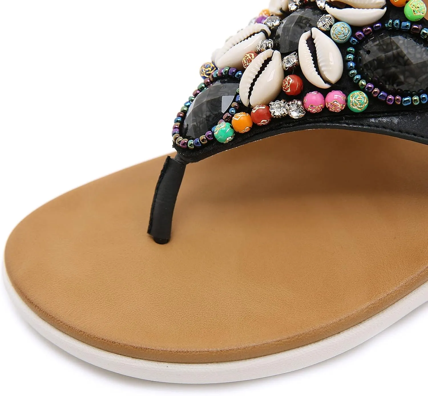Boho Sandals for Women Wedge Clip Toe Slip-on Flip Flops Summer Ethnic Style Thong Slippers Vintage Comfy Beaded Shells Beach Shoes Slide Sandals