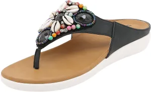 Boho Sandals for Women Wedge Clip Toe Slip-on Flip Flops Summer Ethnic Style Thong Slippers Vintage Comfy Beaded Shells Beach Shoes Slide Sandals