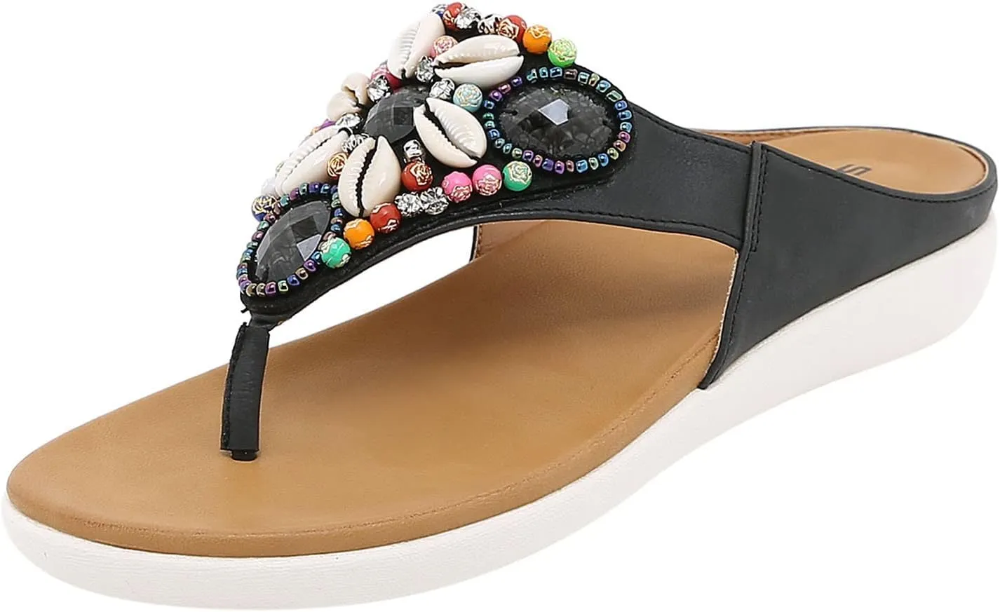 Boho Sandals for Women Wedge Clip Toe Slip-on Flip Flops Summer Ethnic Style Thong Slippers Vintage Comfy Beaded Shells Beach Shoes Slide Sandals