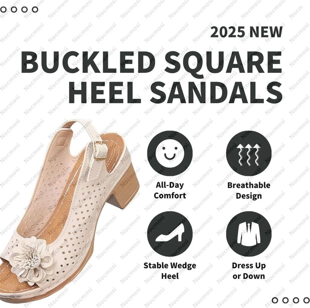 Buckled Square Heel Sandals for Women, Peep Toe Low Slingback Dressy Chunky Wedge Shoe for Prom Wedding Casual Party