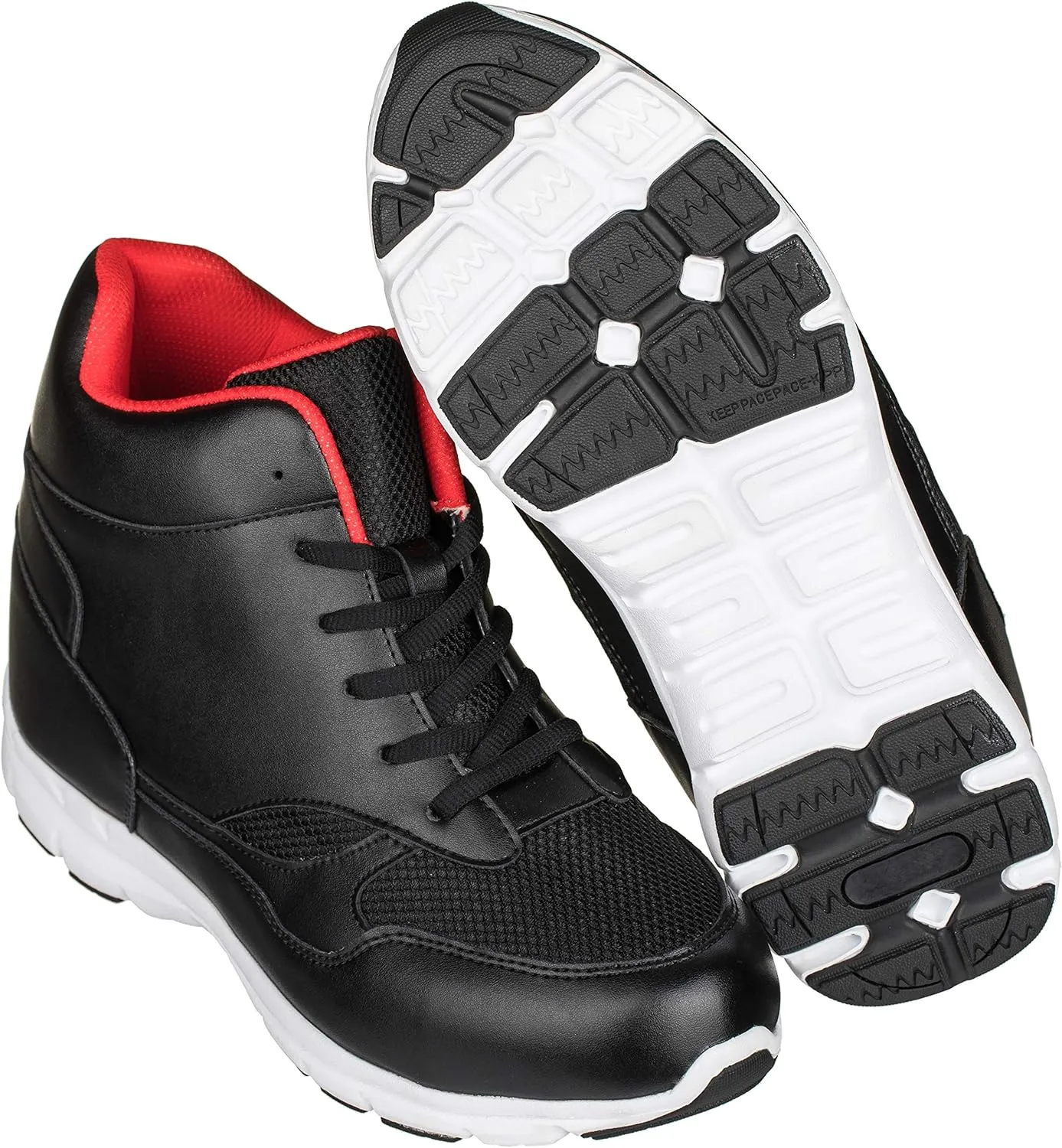 CALTO Men's Invisible Height Increasing Elevator Shoes - Black/Red Leather/Mesh Lace-up Sporty Trainers - 4 Inches Taller - G3332 - Size 8 D(M) US