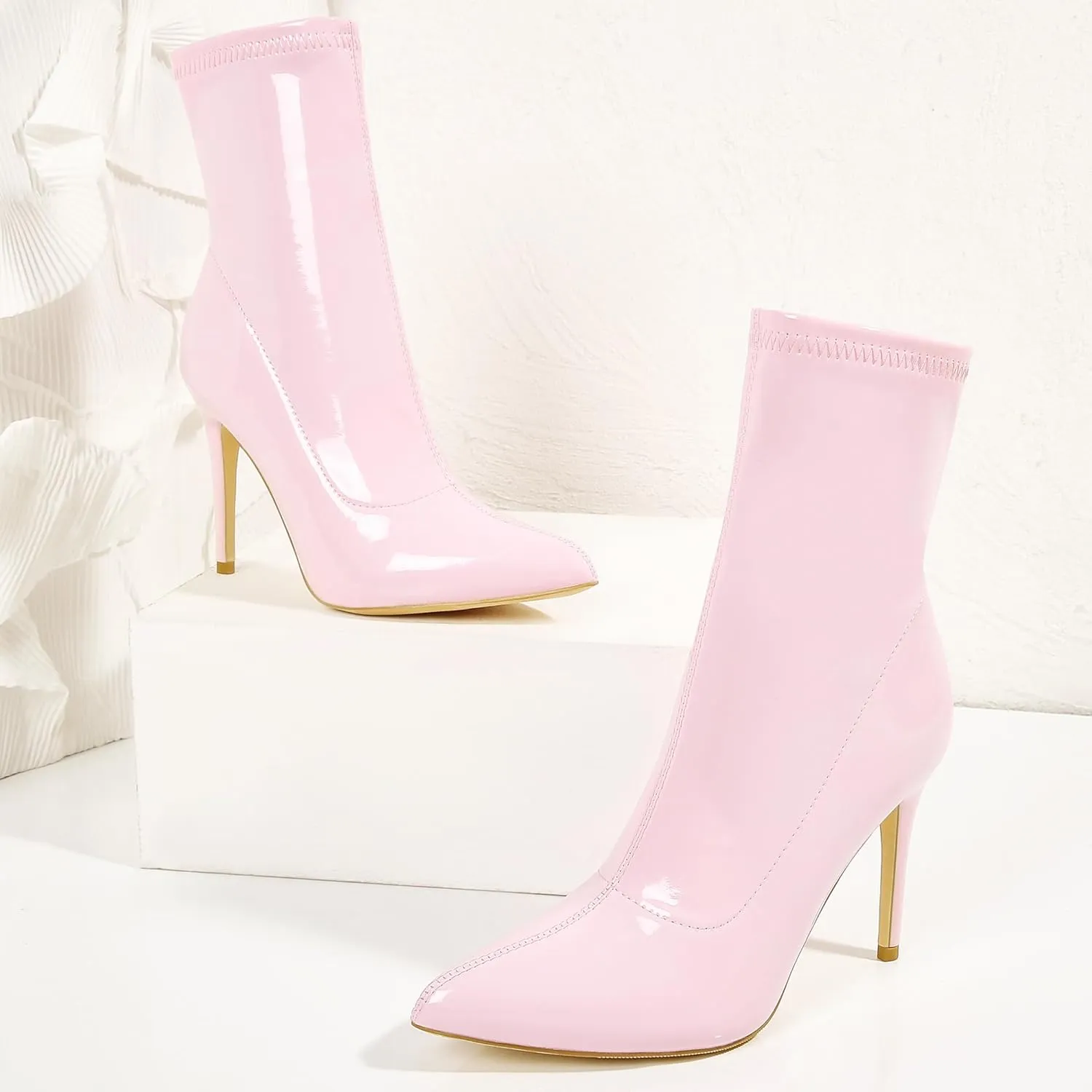 CAMSSOO Women's Ankle Boots Stiletto High Heels Boots Sexy Pointed Toe Side Zipper Sock Boots Comfy Mid Calf Booties