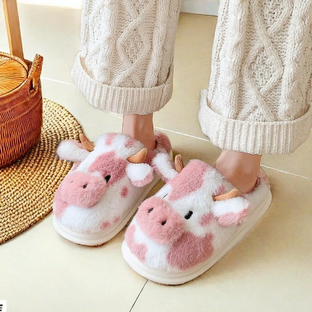 Cartoon Cow Cotton Slippers,Cute Cozy Fuzzy Animal Slippers For Women,Winter Warm Plush Comfy Indoor Outdoor Slippers