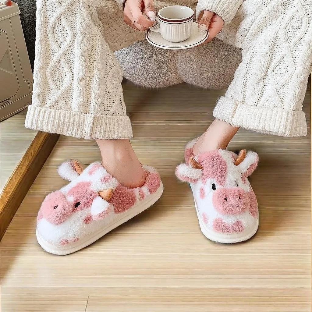 Cartoon Cow Cotton Slippers,Cute Cozy Fuzzy Animal Slippers For Women,Winter Warm Plush Comfy Indoor Outdoor Slippers