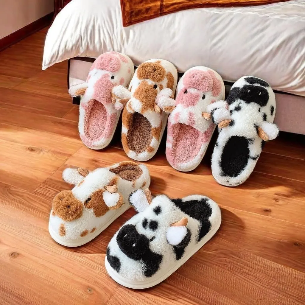 Cartoon Cow Cotton Slippers,Cute Cozy Fuzzy Animal Slippers For Women,Winter Warm Plush Comfy Indoor Outdoor Slippers