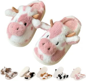 Cartoon Cow Cotton Slippers,Cute Cozy Fuzzy Animal Slippers For Women,Winter Warm Plush Comfy Indoor Outdoor Slippers