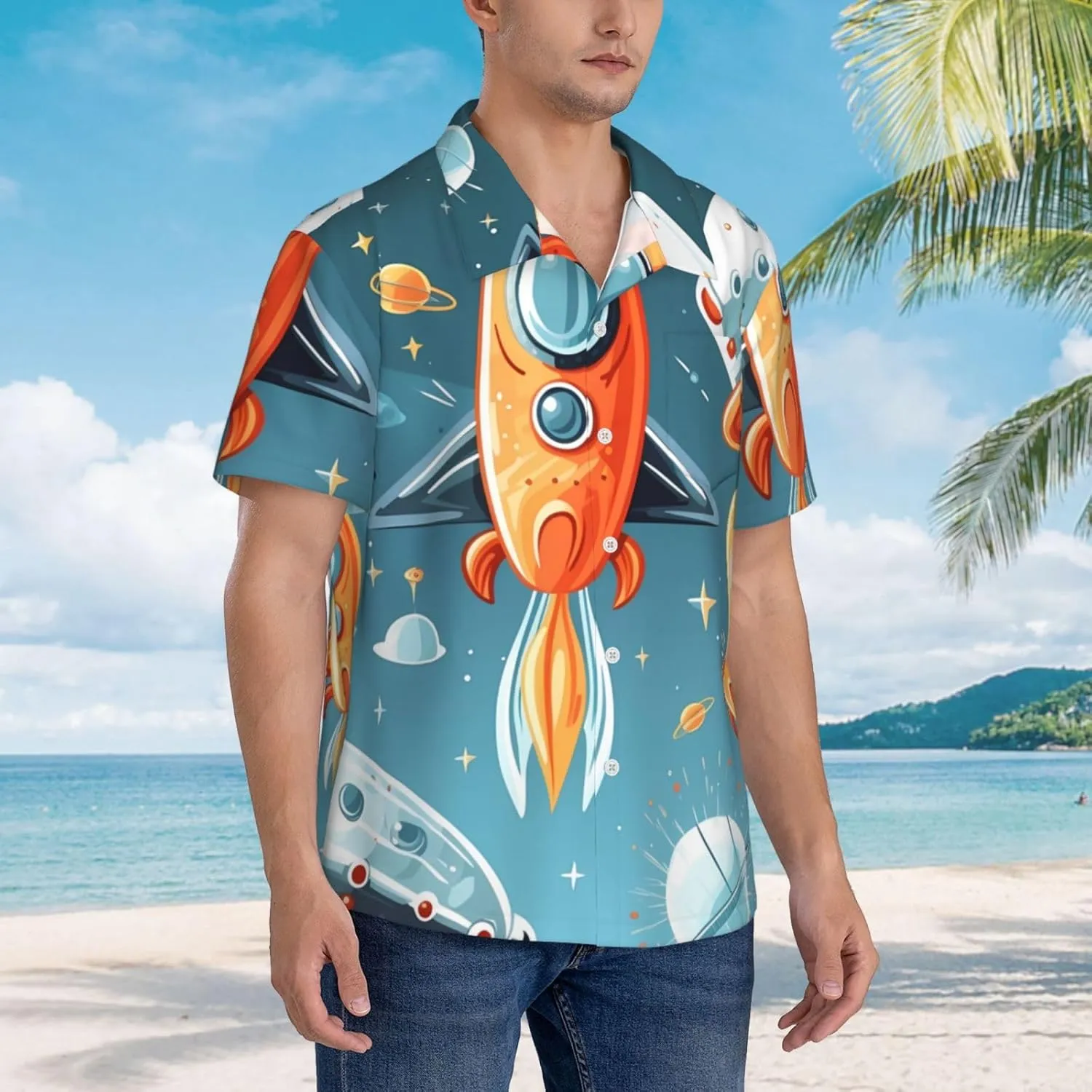 (Cartoon Rockets) Men's Hawaiian Shirt Summer Short Sleeve Button Down Shirts Casual Relaxed Fit Shirts