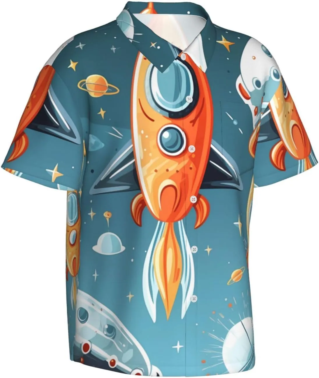 (Cartoon Rockets) Men's Hawaiian Shirt Summer Short Sleeve Button Down Shirts Casual Relaxed Fit Shirts