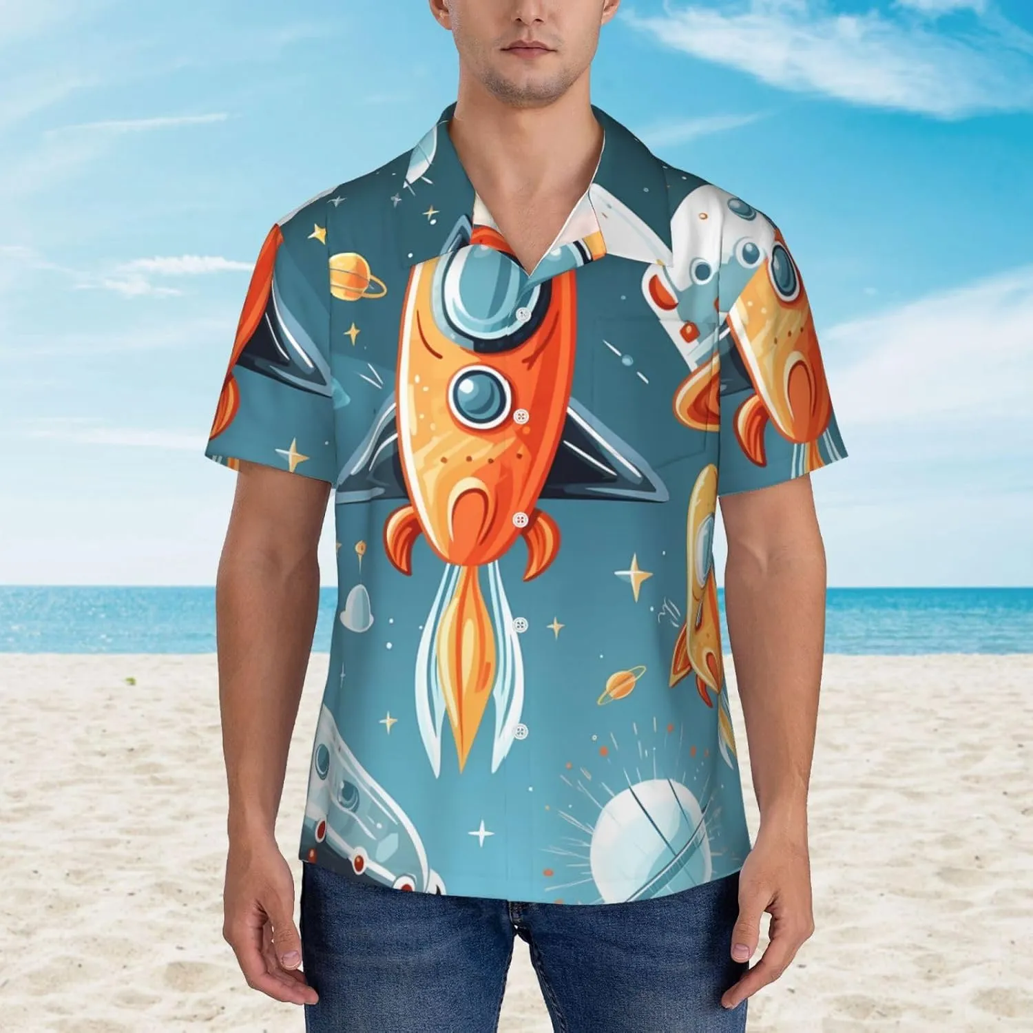 (Cartoon Rockets) Men's Hawaiian Shirt Summer Short Sleeve Button Down Shirts Casual Relaxed Fit Shirts