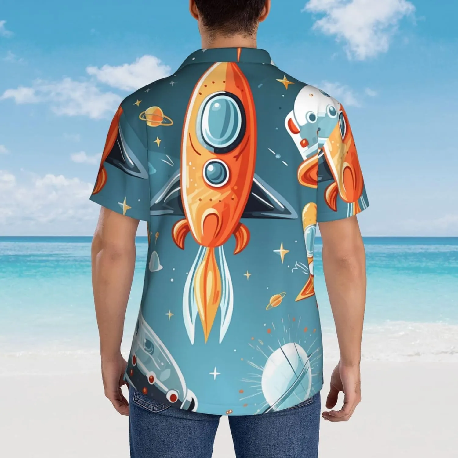 (Cartoon Rockets) Men's Hawaiian Shirt Summer Short Sleeve Button Down Shirts Casual Relaxed Fit Shirts