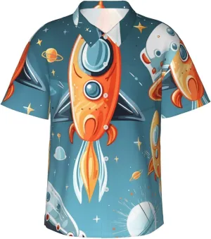 (Cartoon Rockets) Men's Hawaiian Shirt Summer Short Sleeve Button Down Shirts Casual Relaxed Fit Shirts
