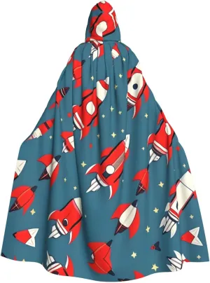 Cartoon Rockets Print Unisex Adults Hooded Cloak, Witch Cape,Men Horror Cape,For Halloween Cosplay Costumes