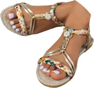 Casual Bohemian Beach Sandals Orthopedic Wedge Sandals for Women Ankle Strap Flip Flops Open Toe Jeweled Flat Sandals 2025