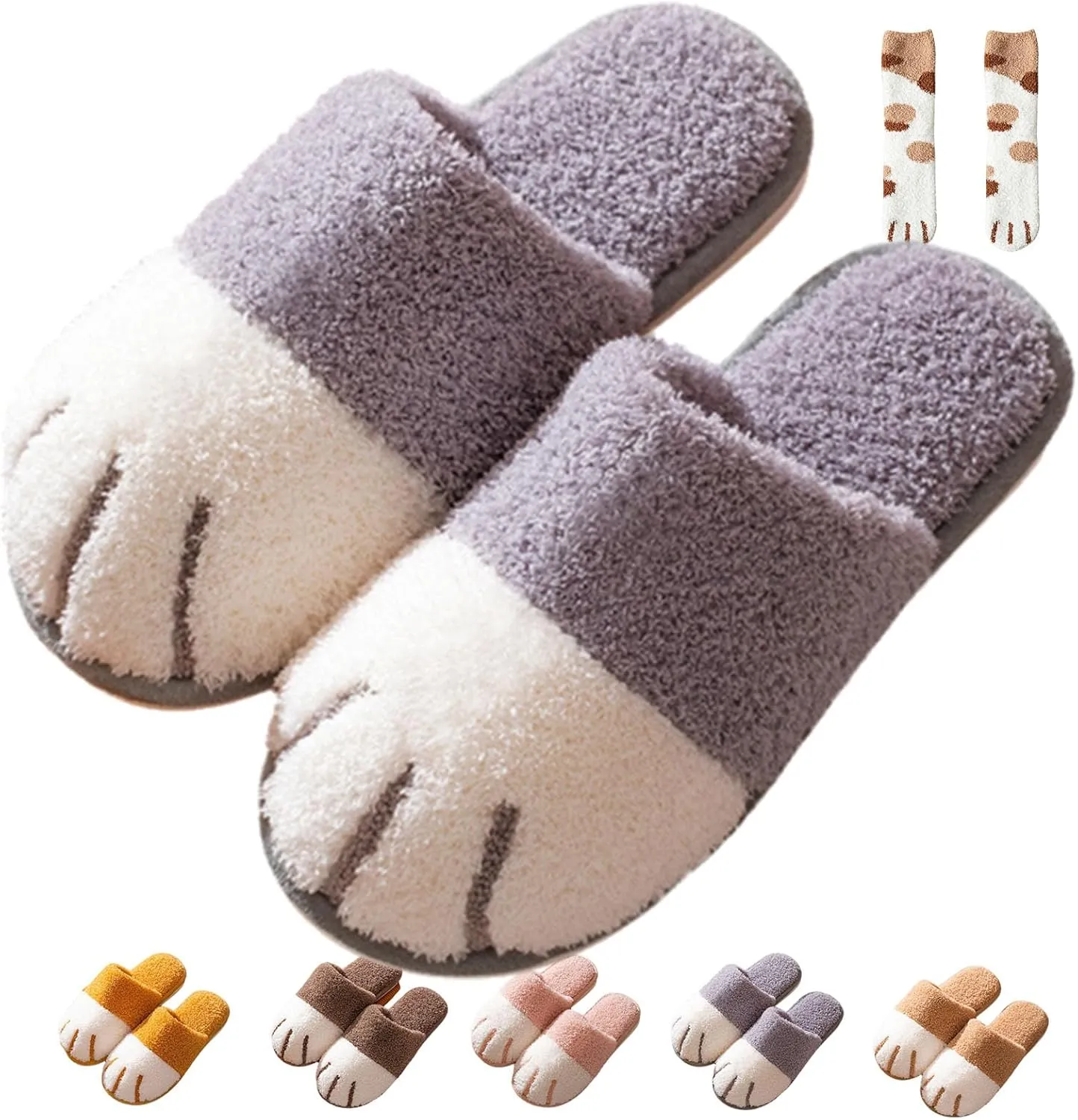 Cat Paw Slippers for Women, 3D Cat Paw Cartoon Warm Cozy Fuzzy Bedroom House Slippers